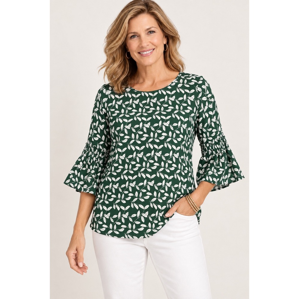 Lafayette 148 New York Women Green Leaf Print Bell Sleeve Blouse XS Floral Work